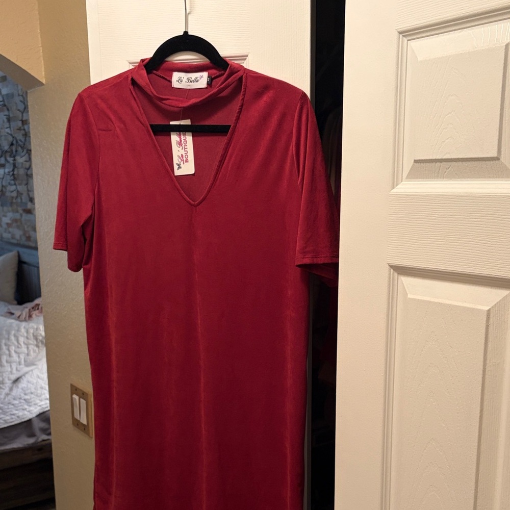 Red V-Neck Velvet Tunic dress